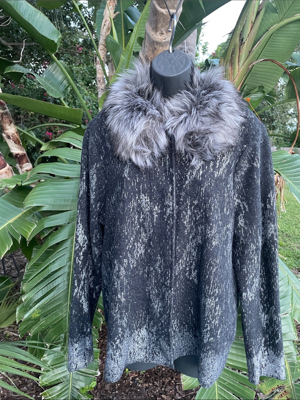 pure wool silver, and gray jacket with faux fur collar
